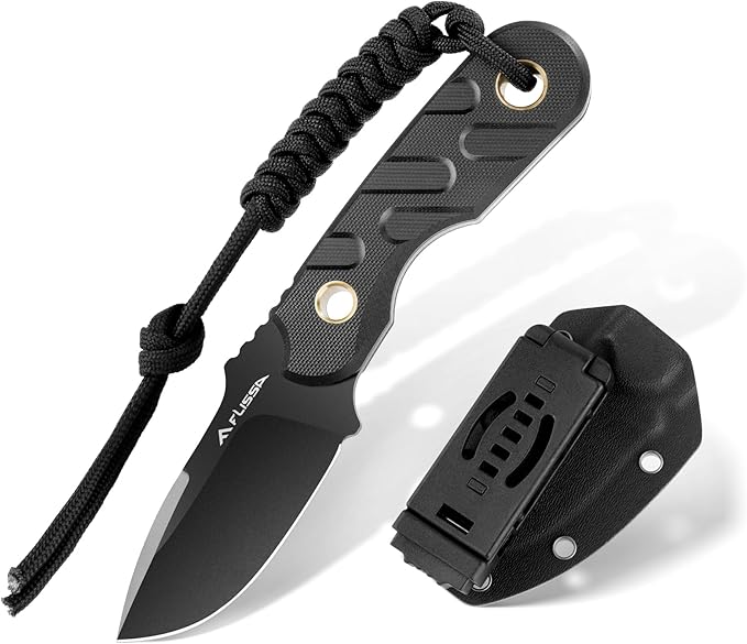 FLISSA Fixed Blade Knife, 7 Inch Full Tang Hunting Knife with Kydex Sheath and Emergency Rope, Tactical Knife with G10 Handle for Survival, Camping, Hiking(Black)