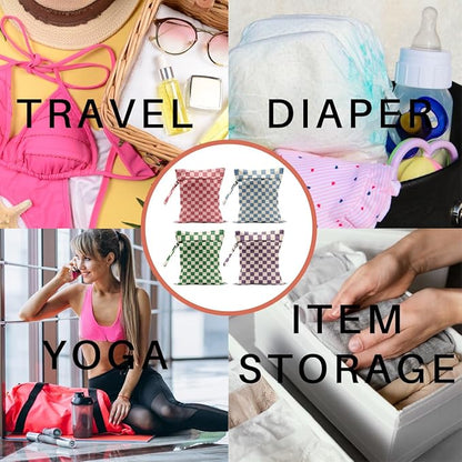 4 Pack Cute Wet Bag Waterproof Washable Reusable Wet Dry Bag for Swimsuit Dirty Clothes Diaper Travel Pool Yoga Gym Birthday Party Camping Toiletries Travel Beach Essentials, Colorful Checkered