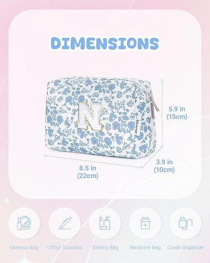 Narwey Birthday Gifts for Teen Girls Kids Women Personalized Initial Floral Makeup Bag Cute Cosmetic Trendy Stuff 6 8 10 11 12 13 14 16 18 Years Old Travel Toiletry Bag (Little Blue Flower N)