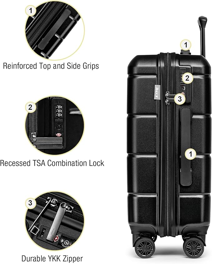 KYME 26 Inch Luggage TSA Approved Hardshell Suitcases with Spinner Wheels Durable Medium Travel Checked Luggage with Cup Holder for Women Men Black