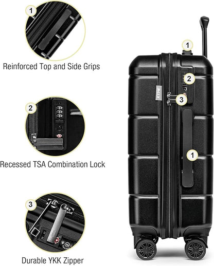KYME Carry On Luggage 22x14x9 Airline Approved Hardshell Carry On Suitcase with TSA Lock Hardside Suitcases with Wheels Travel Rolling 22 Inch Luggage with Cup Holder for Men Women Black