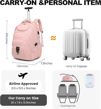 Boavan Rolling Backpack for Women, 17.3 Inch Wheeled Laptop Backpack,Large Travel Carry-On Bag for Teachers College Students, USB Charging Port Waterproof Business for Airplane Overnight Luggage，Pink