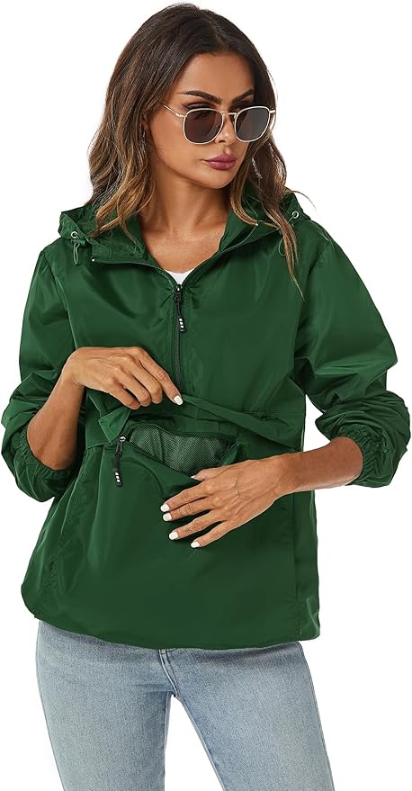 Avoogue Womens Rain Jacket with Hood,Pullover,Packable,Lightweight,Windbreaker,Waterproof,Breathable.