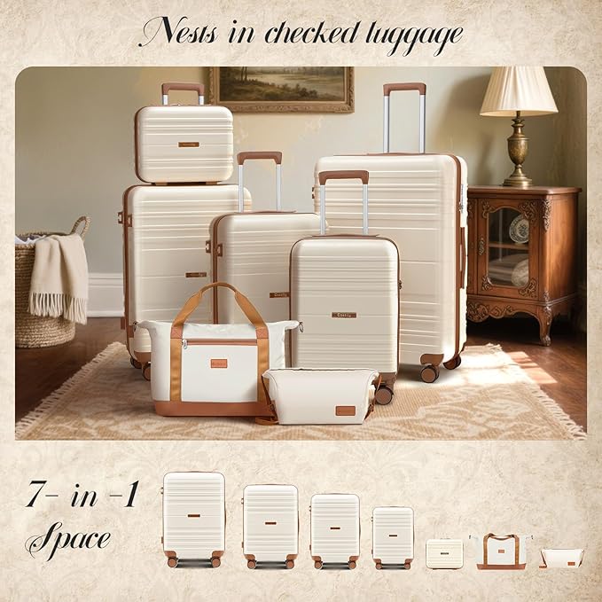 Luggage Sets with spinner wheels, PC+ABS Hard Shell Travel Luggage,Lightweight Carry-on suitcases with TSA Lock,YKK Zippers (Black, 7 piece sets（14/18/20/24/28/DB/TB）)