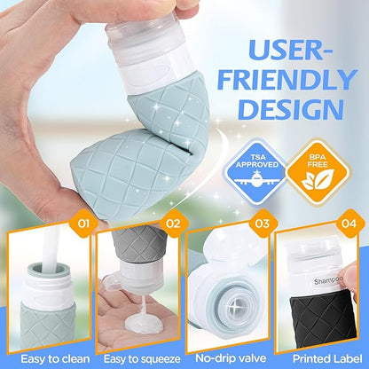 16 Pack Travel Bottles for Toiletries, TSA Approved Travel Size Toiletries Containers Set, BPA-Free Silicone Leak Proof Refillable Bottles Stackable Creams Jars Accessories Kit W/Clear Bag(Gray)
