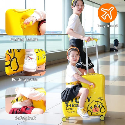 Kids' Lightweight Ride on Luggage with Spinner Wheels & Foldabe Design (Yellow Study, 20"+ Aged 1-3 Toddler),Birthday Gift