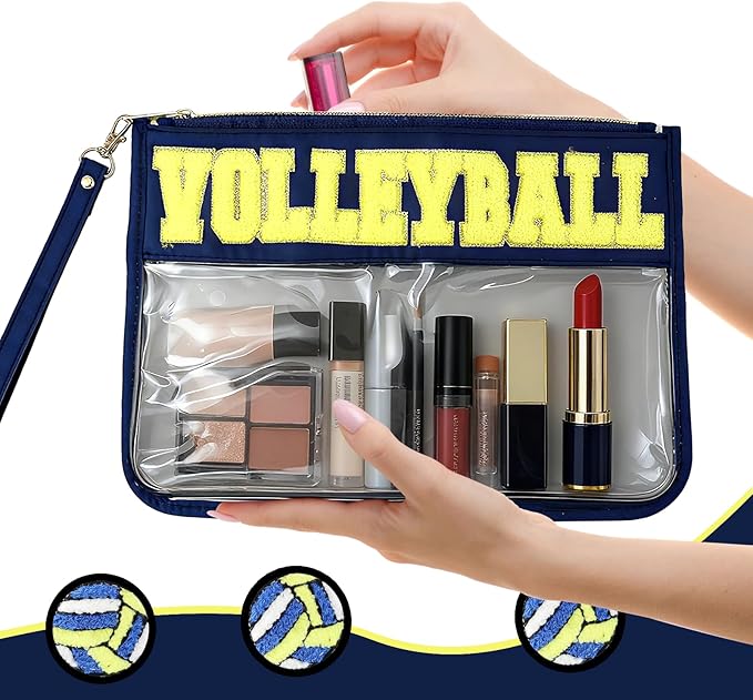 2Pcs Volleyball Gifts Makeup Bag with Chenille Letter Patch,with Handles Volleyball PVC Waterproof Clear Makeup Bag,Portable Toiletry Storage Bag,Players & Fans Birthday, Team or Sports Lover Presents