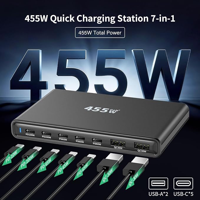 455W GaN5 7-Port Slim Design Charging Station + 240W 6.6 ft Data Cable, Compatible with Phones, Tablets, Laptops, Smart Wearables, and Gaming Devices