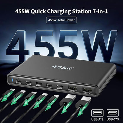 455W GaN5 7-Port Slim Design Charging Station + 240W 6.6 ft Data Cable, Compatible with Phones, Tablets, Laptops, Smart Wearables, and Gaming Devices