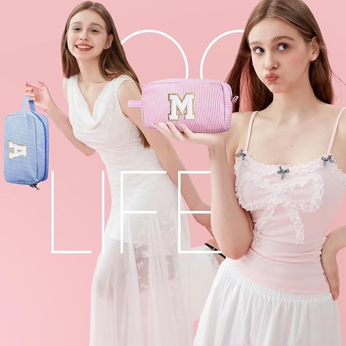 YOOLIFE Travel Cosmetic Bag - Monogram Cute Initial Pink Makeup Bag Toiletry Pouch Make-Up Case, Personalized Birthday Gifts for Best Friend, Sister, Teacher