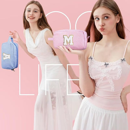YOOLIFE Pink Cosmetic Travel Makeup Bag - Monogram Cute Initial Makeup Bags Cosmetic Toiletry Pouch Make Up Case for Women Her Best Friend Friendship Teacher, Personalized Birthday Gifts for Women V