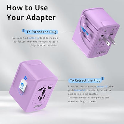 Acer Universal Travel Plug Adapter - International Power Adapter with 5 USB Ports (3 USB C) 5.8A, Worldwide Outlet Charger for USA to European UK France Germany Spain, Type C/E/F/G/I/L/A, Purple