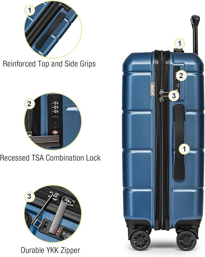 KYME Luggage Sets 3 Piece Hard Shell 22in/26in/30in Suitcases with Wheels Hardside Suitcase Set with TSA Lock Travel Rolling Luggage Set for Women Men Blue