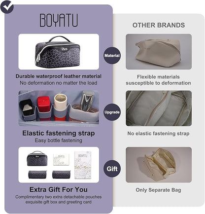 BOYATU Travel Makeup Bag for Women: 3 Pcs Set Portable Make up Bags with Handle - Leopard Print Cosmetic Bags with Comparments - Waterproof Vegan Leather Toiletry Bag (A-1-Purple)