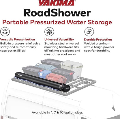 Yakima RoadShower Portable Aluminum Pressurized Water Storage with Garden Hose Adapter and 2 Outlet Water Ports