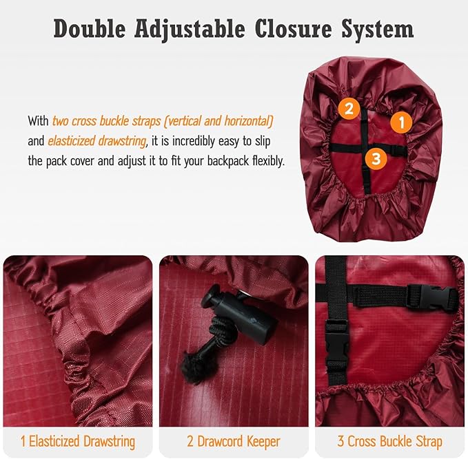 Waterproof Backpack Rain Cover (15-90L), Heavy-Duty Nylon Pack Cover with Upgraded Double Adjustable Closure System and a Carry Pouch for Hiking, Cycling. Durable and Lightweight.