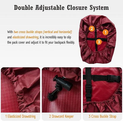 Waterproof Backpack Rain Cover (15-90L), Heavy-Duty Nylon Pack Cover with Upgraded Double Adjustable Closure System and a Carry Pouch for Hiking, Cycling. Durable and Lightweight.