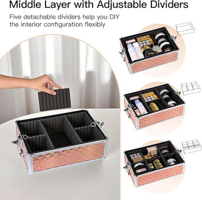 Professional Rolling Makeup Case, Cosmetology Case on Wheels 4 in 1 Large Cosmetic Train Case, Ideal Gift for Hairstylist, Nail Techs, Portable Beauty Organizer for Travel or Salon Use