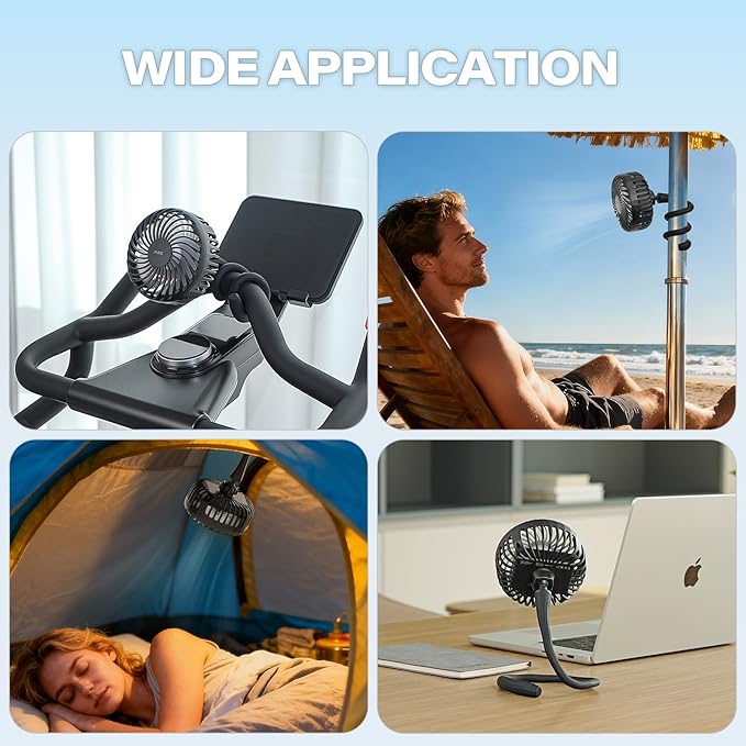 A2C Portable Stroller Fan [Rechargeable 4000mAh Battery, 3 Speeds, Flexible Base] Rotatable Travel Essentials for Handle Bar, Handheld Personal Cooling Fans for Gym Treadmill Peloton Bike/Camping/Gift
