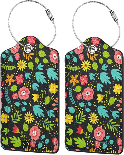 Fun Luggage Tags for Suitcases Leather Name Tag for Luggage Cute Travel Baggage Tags for Carnival Cruise Ships with Funny Patter 2pcs (Flowers)