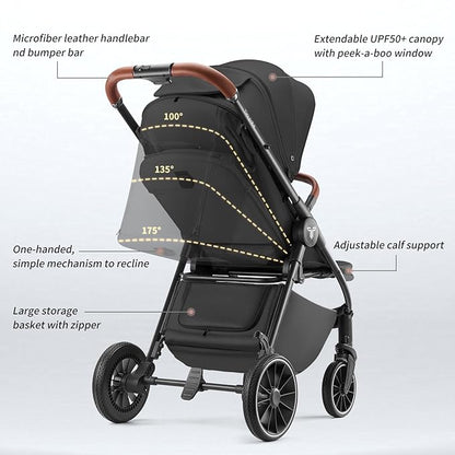 Tinyiota Stroller for Babies,Toddler Strollers with Large UPF 50+ Canopy,Luxury Baby Stroller with Leather Handle & Spacious Seat, One-Hand Foldable Pushchair,Baby Carriage with Lie-Flat Mode(Black)