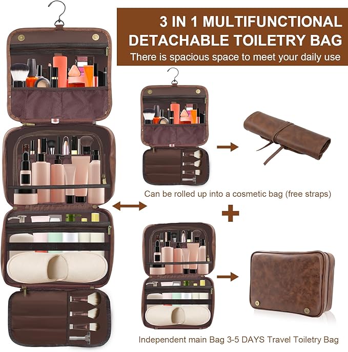 Leather Toiletry Bag For Men, Waterproof PU Leather Dopp Kit, Personalized Hanging Travel Organizer Bag for Father, Husband, Boyfriend (Produced in USA)