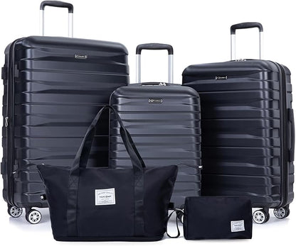 Luggage sets 5 Piece Expandable Hardside Suitcase Set with Spinner Wheels, Lightweight PC Travel Luggage set with TSA Lock（21/25/29, Black