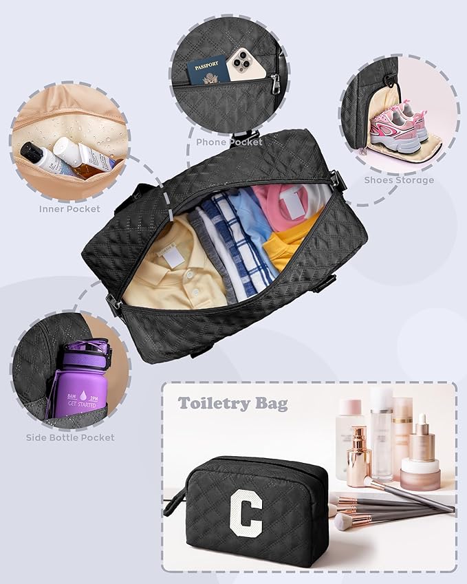 Initial Gym Bag for Girls, Kids Travel Duffel Bag, Graduation Gifts for Her, Personalized Weekender Bag with Shoes Compartment, Gifts for Mom, Girls Gifts for Kids