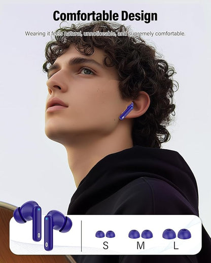 Wireless Earbuds, Bluetooth 5.4 Headphones Bass Stereo, Ear Buds with Noise Cancelling Mic, LED Display in Ear Earphones Clear Calls, IP7 Waterproof Bluetooth Earbuds for Laptop/Phones, Dark Blue