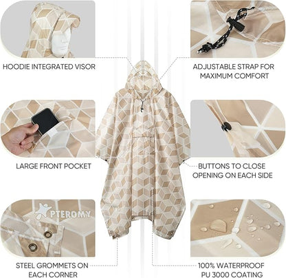 PTEROMY Hooded Rain Poncho for Adult with Pocket, Waterproof Lightweight Unisex Raincoat for Hiking Camping Emergency