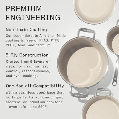 Made In Cookware - 7-Piece Ceramic Non Stick Pot and Pan Set (Stainless Handle) - 5-Ply Stainless Clad - Professional Cookware - Crafted in Italy - Induction Compatible