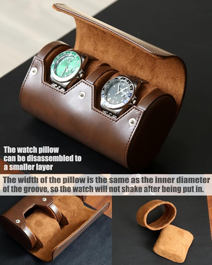 Watch Roll Travel Case for Men and Women with Suede Lining Portable 2 Slot Watch Display Storage and Organizer to Holder Large Watch (2 Slot Dark Brown)