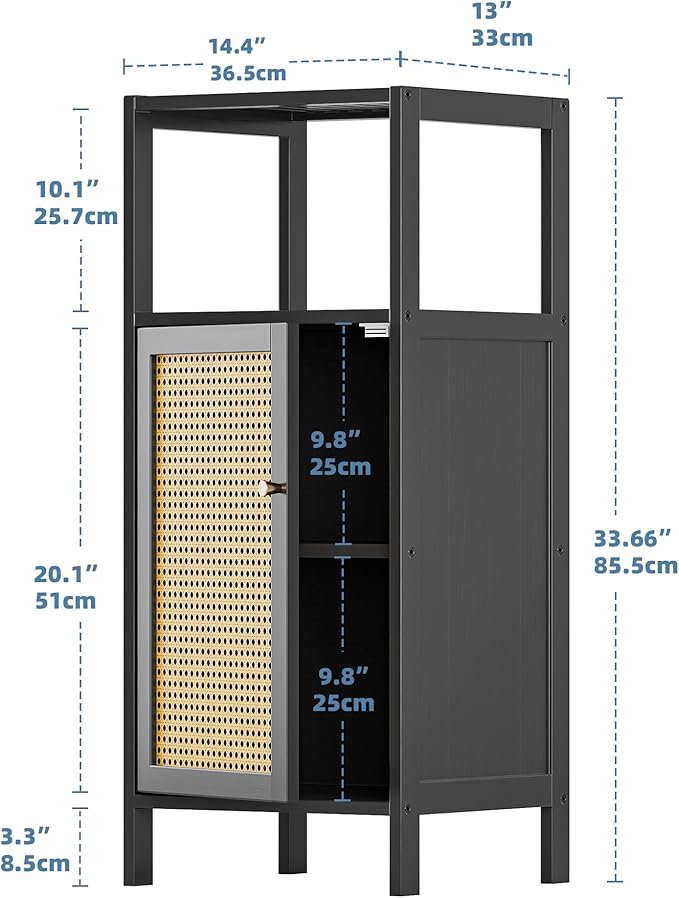 HITNET Bamboo Floor Cabinet, Small Bathroom Storage Cabinet with Single Rattan Door, Narrow Side Storage Organizer Unit Freestanding Space Saving Kitchen Cupboard, Black