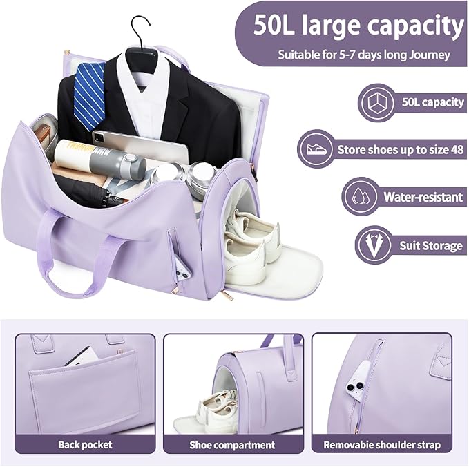 Leather Garment Bag Women, Carry on Garment Bag for Travel Convertible Garment Duffel Bag 2 in 1 Waterproof Foldable Travel Suit Bag Weekender Bag with Shoe Pouch