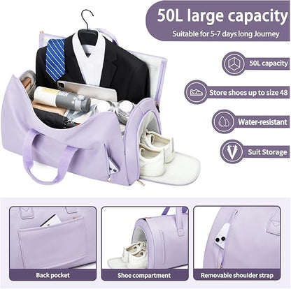 Leather Garment Bag Women, Carry on Garment Bag for Travel Convertible Garment Duffel Bag 2 in 1 Waterproof Foldable Travel Suit Bag Weekender Bag with Shoe Pouch