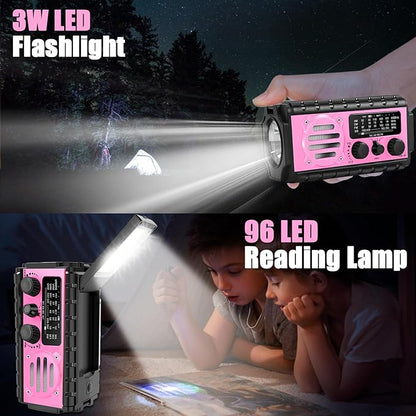 74000mWh Emergency Radio with NOAA Weather, Portable Hand Crank SW/AM/FM Survival Radio with Fast Charge Rechargeable Solar Battery, Flashlight, Reading Lamp,SOS Sirenor Home Outdoor(Pink)