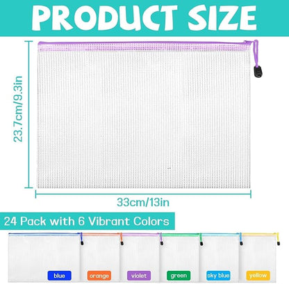 24pcs Mesh Zipper Pouch Bags, A4 Waterproof Document Zipper Bags for Organizing Storage for School, Office, Board Games, Travel & Craft Storage Letter Size