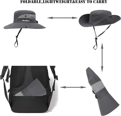 Womens Summer Sun Hat Beach Hat Wide Brim Outdoor UV Protection Hat Foldable Cool Mesh Ponytail Bucket Hat