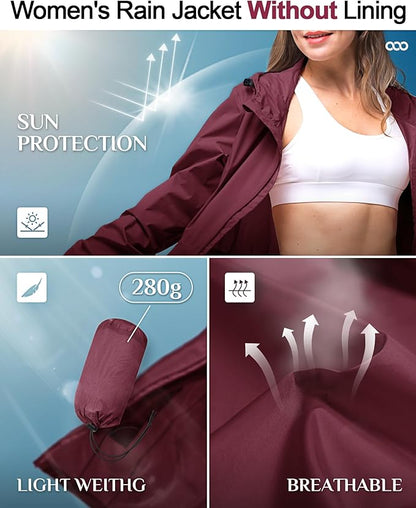 33,000ft Women's Waterproof Long Rain Coats Packable Rain Jacket with Hood Trench Coats Windbreaker