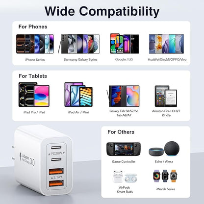 [3-Pack] USB C Wall Charger,40W Fast USB C Charger Block,4-Port PD+QC Wall Plug Power Adapter Multiport Type C Charging Block for iPhone 17/16/15/14/13/12/Pro Max,iPad,Samsung,AirPods4,Watch10,Ultra2