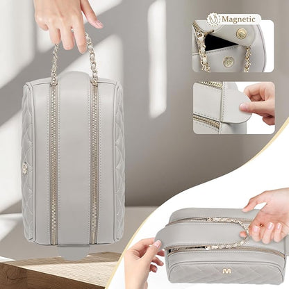 COSHAYSOO Personalized Birthday Appreciation Thank You Gifts for Women Best Friend Mom Adult Sister Teacher Nurse Employee Female Coworker, Initial Make Up Bag Leather Cosmetic Bags Taupe Letter I