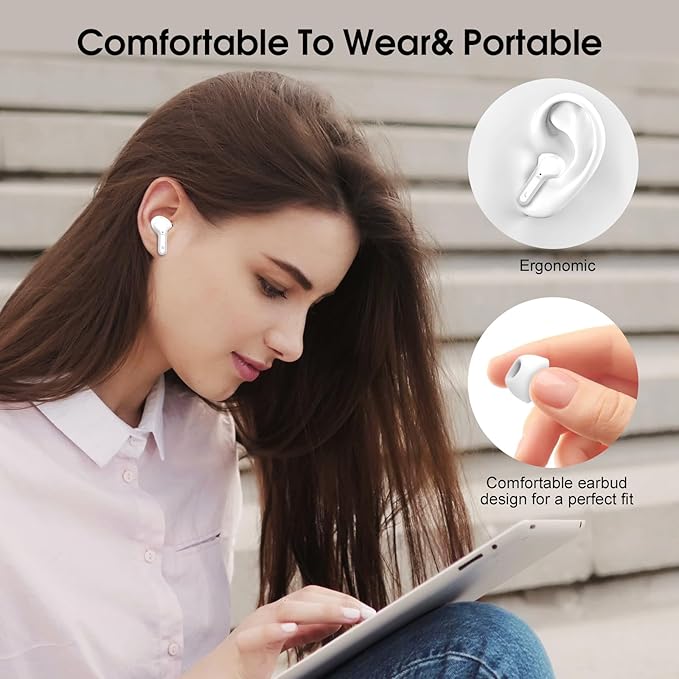 Wireless Earbuds, Bluetooth 5.4 Headphones HiFi Stereo, Bluetooth Earbuds with ENC Noise Cancelling Mic, IP7 Waterproof in Ear Earphones, 48H, LED Display Ear buds for Pad Phones Workout Sports, White