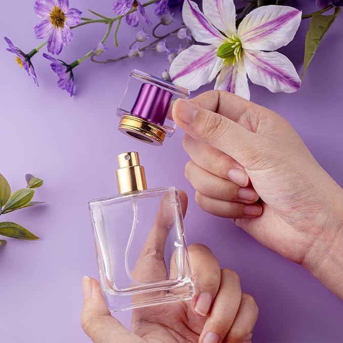 1 Pack Empty Perfume Bottles，Glass Perfume Atomizer Spray Bottle, 50ML, Ribbed Design with Purple Cap, Refillable