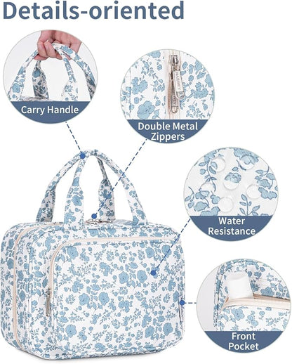 Narwey Hanging Floral Toiletry Bag for Women Travel Makeup Bag Organizer Toiletries Bag for Travel Size Essentials Accessories Cosmetics (Little Blue Flower (Medium))