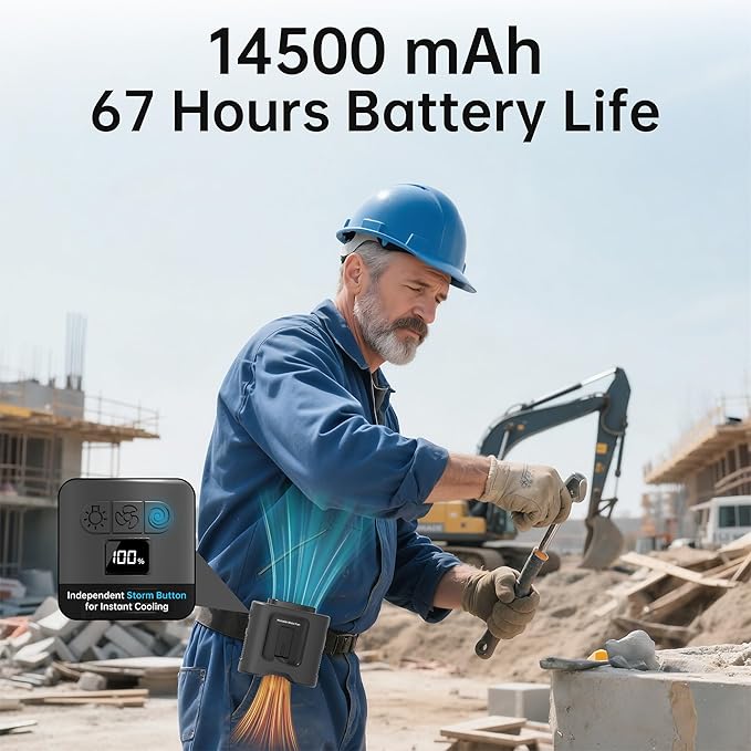 10000mAh Portable Waist Clip Fan, 40H Cooling Personal Wearable Fan, 5 Speeds 16000RPM Strong Belt Fan, Rechargeable Hands-free Neck Fan With Flashlight for Outdoor Jobsite Camping Traveling (Black)
