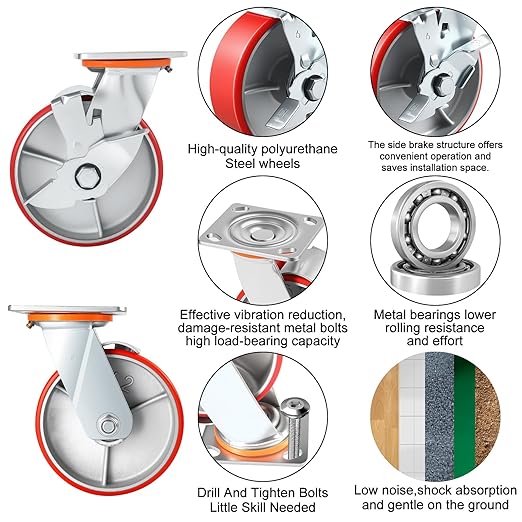 6 Inch Heavy Duty Caster Wheels Set of 4 Industrial Casters with Side Brake,Load 5000Lbs,Polyurethane Silent Steel Wheels,for Heavy Duty Die,Industrial Equipment Movement,U-Boat Cart(4 SideBrake)