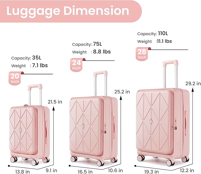 Merax 100% PC Hard Shell Luggage Set, 3 Piece Lightweight TSA Lock Spinner Suitcase with Front Pocket, Airline Approved, Pink, 20/24/28 Inch