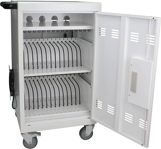 32 Device Mobile Charging Cart with Password Lock, Mobile Ipad Cart for iPads, Chromebooks and Laptop Computers, Locking Charging Station with Lock & Key for The Front Back Door, Surge Protection