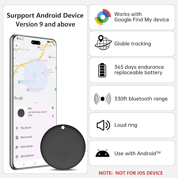 Tracker Tags-4 Pack for Android, Bluetooth Tracker Works with Google’s Find Hub | Android Only | Replaceable Battery | Water- Resistance | Item Finder for Luggage, Wallet, Key, Suitcases, Black