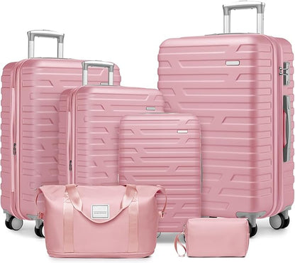 Merax 6 Piece Luggage Set, ABS Hardside Expandable Suitcases with Spinner Wheels TSA Lock,Travel Carry On Suitcase Set, Pink